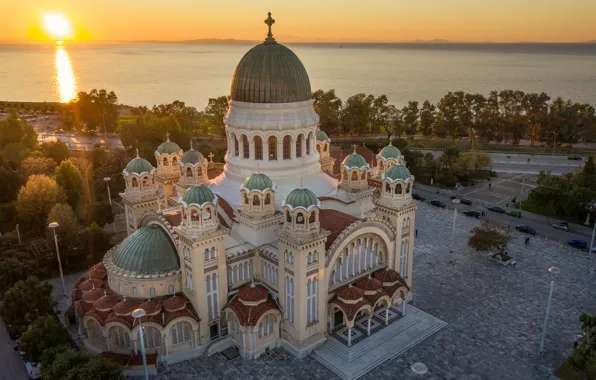 Picture sea, sunset, Greece, temple, architecture, Greece, Patras, Patraikos