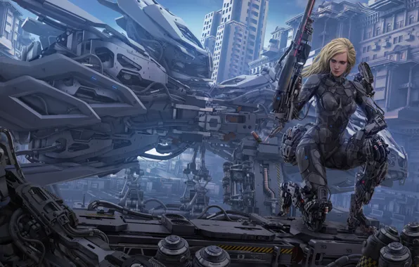 Picture girl, the city, weapons, fiction, art, blonde, cyborg