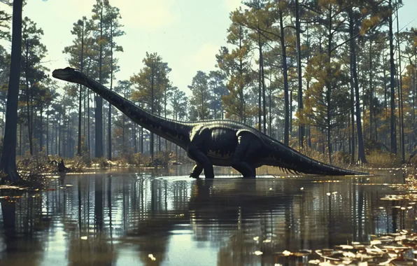 Lake, Trees, Dinosaur, Animal, Digital art, Ancient animals, Extinct animals, Prehistoric