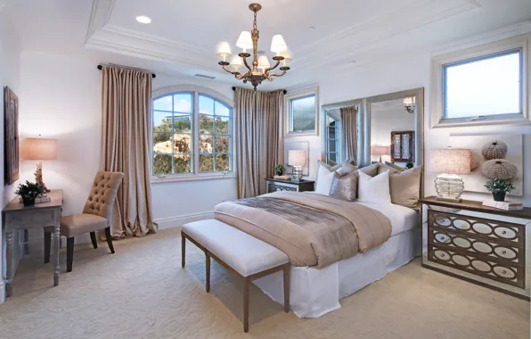 Wallpaper design, Villa, bed, interior, mirror, chandelier, wardrobe, bedroom