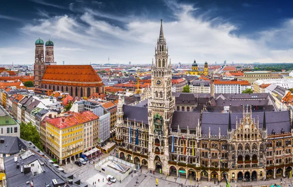 Street, building, Germany, Munich, Marienplatz, Frauenkirche, New Town Hall