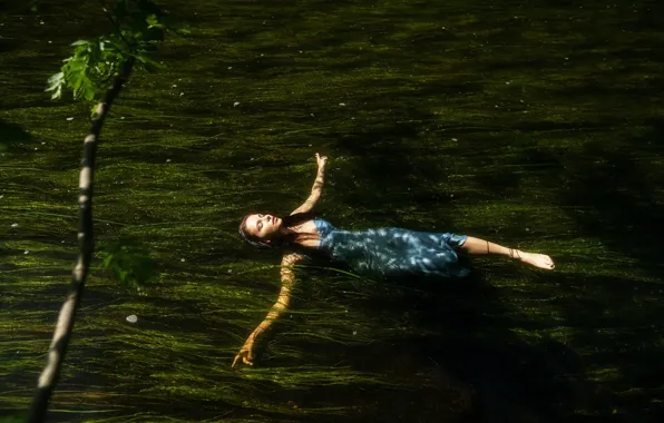 Water, girl, algae, pose, the situation, hands, dress, closed eyes