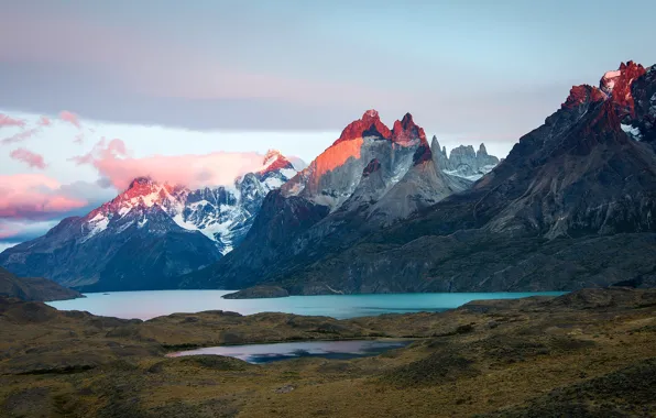 The sky, clouds, mountains, nature, shore, pond, Chile, Andes