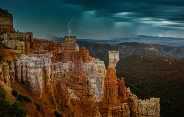 The sky, clouds, mountains, rocks, lightning