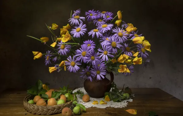 Flowers, apples, chamomile, fruit, still life, napkin, apricots, escholzia