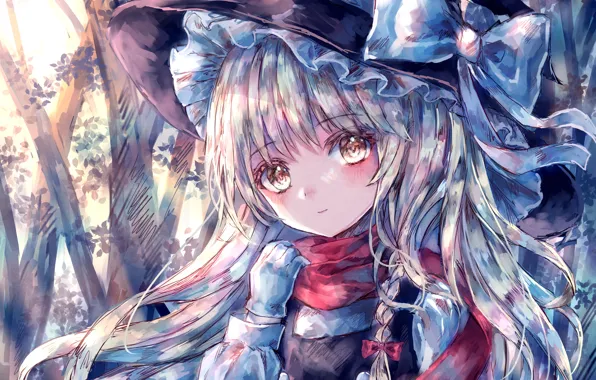 Gloves, bow, pigtail, in the woods, witch hat, witch, Touhou Project, Marisa Kirisame