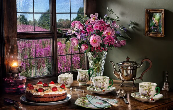 Picture flowers, style, lamp, bouquet, kettle, window, Cup, cake