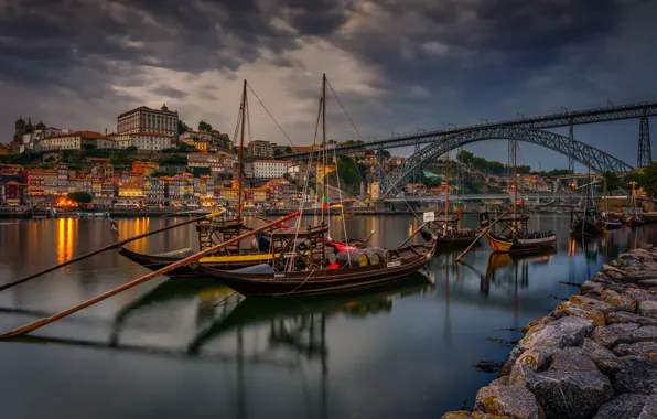 Bridge, river, home, boats, Portugal, Portugal, Vila Nova de Gaia, Porto