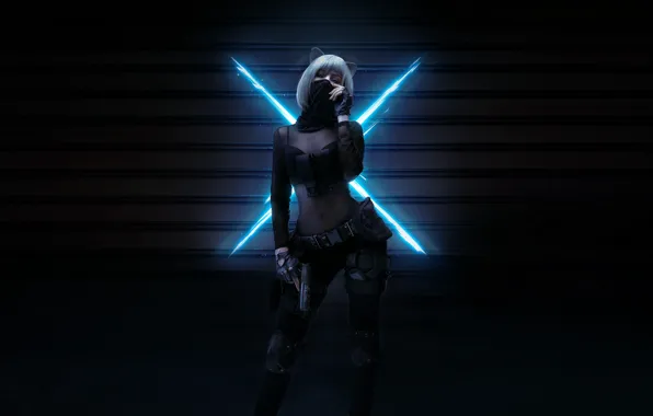 Girl, Gun, Neon, Style, Girl, Background, Gun, Art