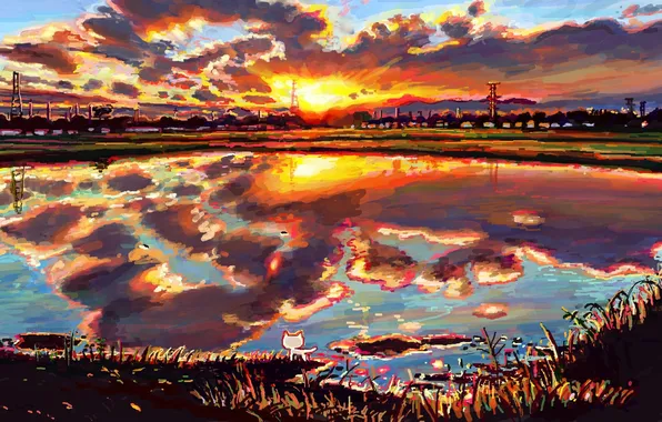 The sky, cat, clouds, sunset, lake, reflection, art, Hikaru no tube