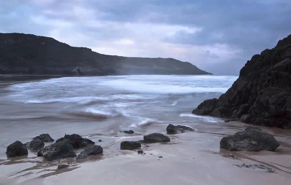 Beach, clouds, stones, Bay