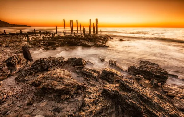 Beach, landscape, nature, stones, the ocean, dawn, morning, piles