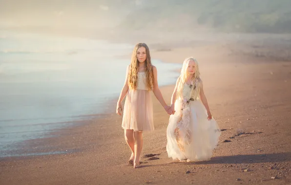 Picture sand, shore, dresses, two girls