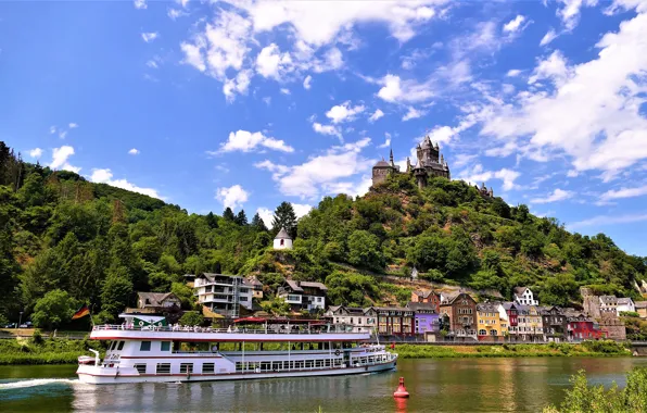 The sky, the sun, clouds, trees, river, castle, mountain, home