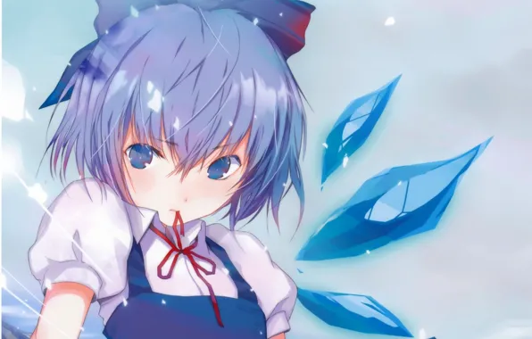 Picture crystals, blue hair, Cirno, red ribbon, haruaki fuyuno, project East, ice fairy, touhou project