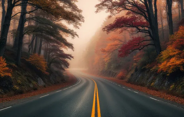 Road, autumn, forest, trees, fog, markup, branch, foliage