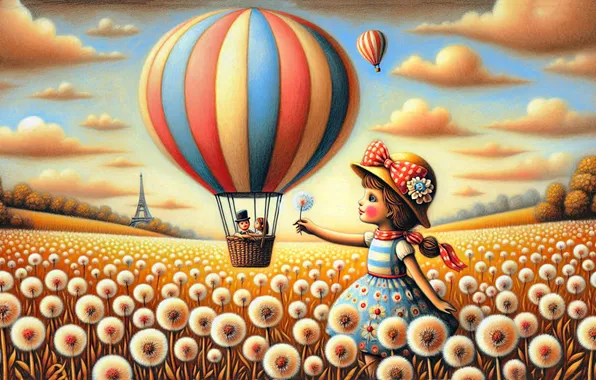 Field, the sky, girl, clouds, flowers, balloon, basket, spring