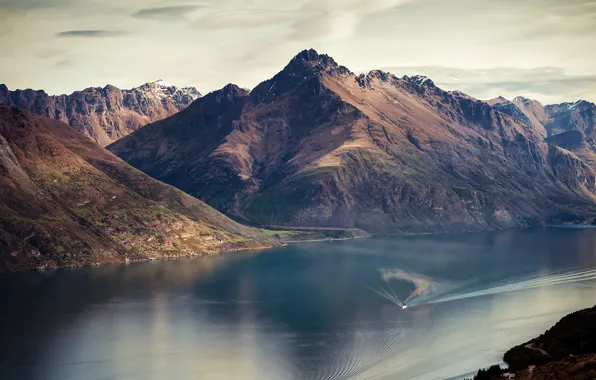 Mountains, nature, river, ship, New Zealand, Queenstown, Lake Wakatipu