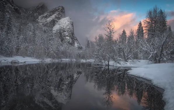 Picture winter, snow, trees, reflection, river, mountain, CA, California