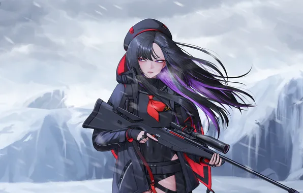 Winter, weapons, the wind, brunette, characters, sniper, rifle, Mobile Game