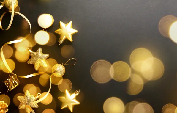 Decoration, balls, New Year, Christmas, golden, black background, black, Christmas