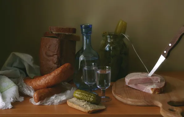 Bread, knife, dishes, vodka, sausage, cucumbers, ham