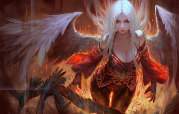 Picture girl, fiction, fire, wings, angel, red eyes, white hair, art