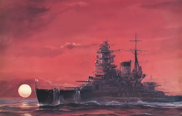 Sea, wave, figure, ship, art, WW2, linear, The Navy of Japan