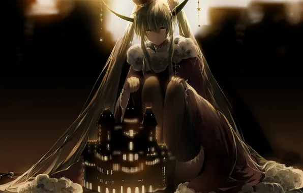 Picture girl, castle, anime, crown, art, horns, vocaloid, hatsune miku