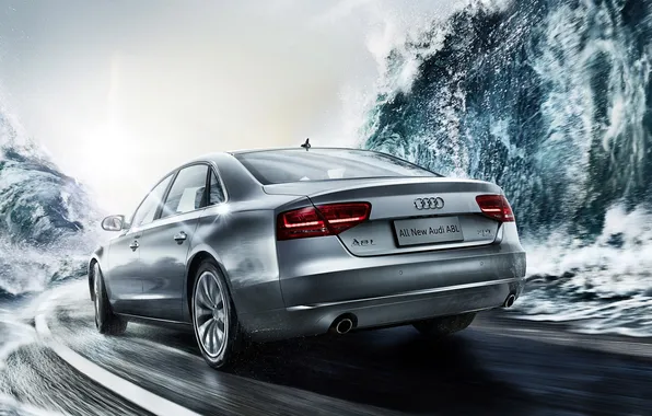 Road, wave, the sky, water, the sun, Audi, audi, sedan