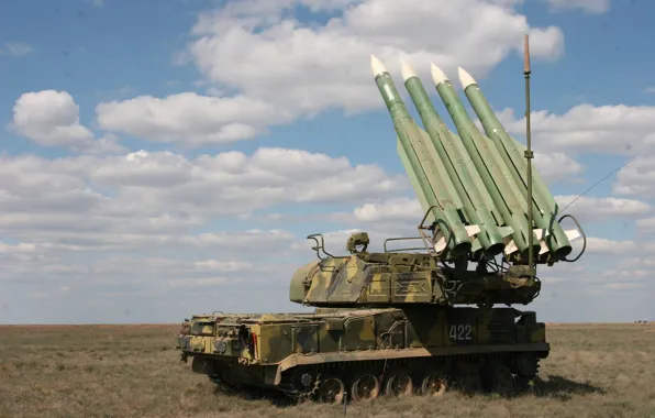 Field, the sky, clouds, installation, self-propelled, complex, Buk-M2, anti-aircraft missile