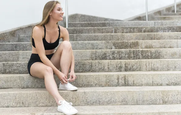 Girl, beautiful, model, stairs, sneakers, sportswear