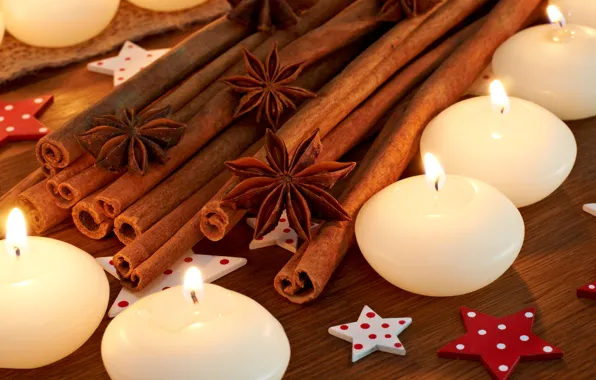 Sticks, candles, cinnamon, stars, spices, star anise, Anis, Illicium