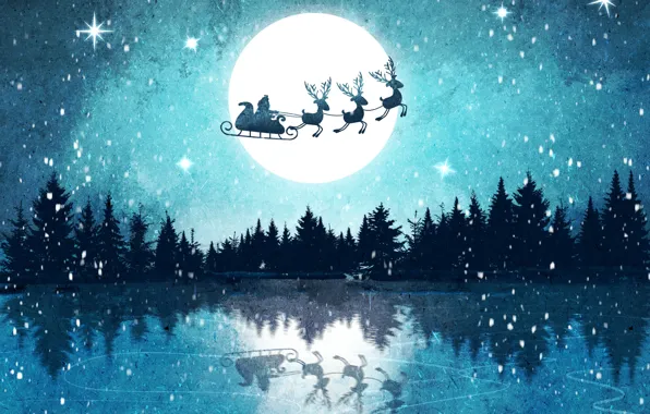 Forest, the sky, stars, flight, night, reflection, the moon, ice