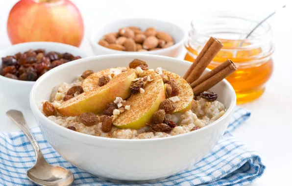 Apple, honey, nuts, cinnamon, raisins, porridge, oatmeal