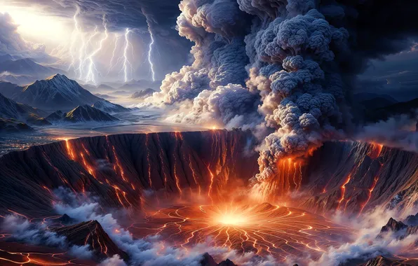 Landscape, mountains, nature, fire, element, smoke, the volcano, couples