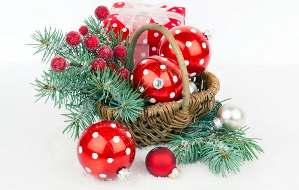 Picture Branches, Balls, Basket, New year, Holiday, Gifts