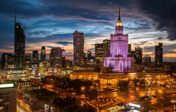 The sky, clouds, night, clouds, the city, lights, view, building