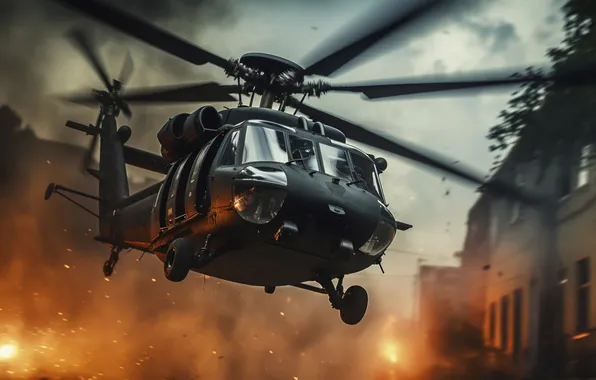 Smoke, Fire, Helicopter, Digital art, AI art, The Art of Artificial Intelligence, Neural network, War …