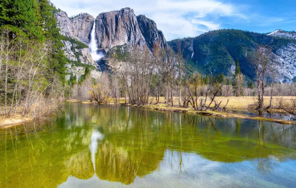 Picture forest, the sky, clouds, trees, mountains, reflection, river, waterfall