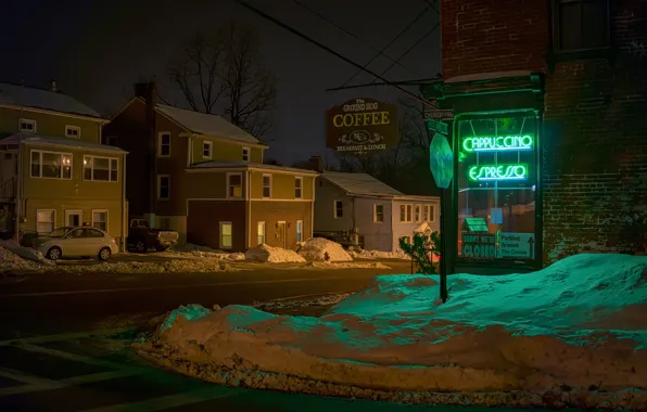 Winter, the city, street, the evening, Ground Hog Cafe, Wappingers Falls, West Main St