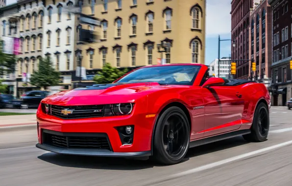 Picture Red, Road, The city, Chevrolet, Machine, Convertible, Movement, Building