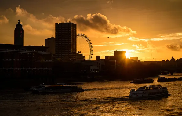 Clouds, sunset, the city, river, England, London, building, Ferris wheel