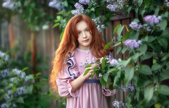 Picture look, nature, dress, girl, red, lilac, bokeh, Anastasia Barmina