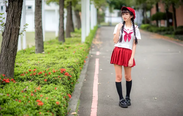 Girl, skirt, glasses, blouse, braids, cap, legs, Asian