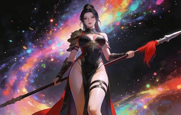 Picture girl, brunette, asian, spear, ai art