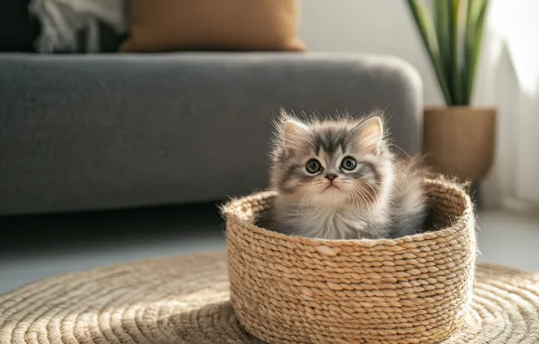Cat, look, pose, kitty, grey, room, sofa, baby