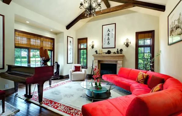 Picture design, style, room, interior, piano, fireplace