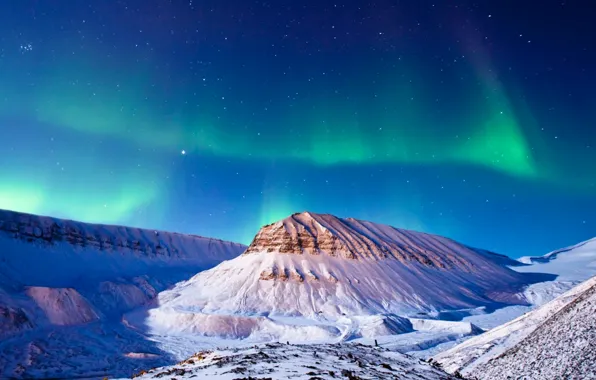 Winter, stars, snow, mountains, night, Northern lights