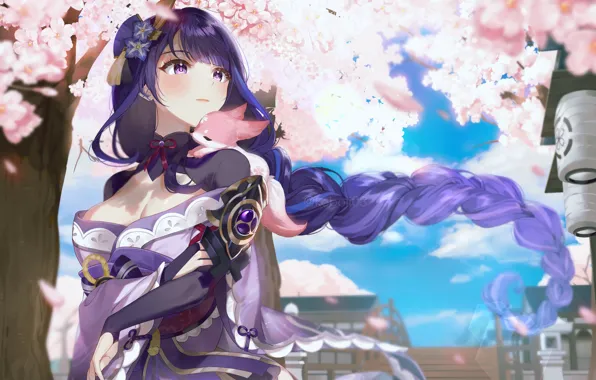 Girl, Sakura, Fox, flowering, Genshin Impact, Raiden Shogun, Yae Miko